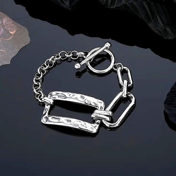 Stainless Steel Rectangular Bracelet Boho Hammered Chain Link - Picture 7 of 11